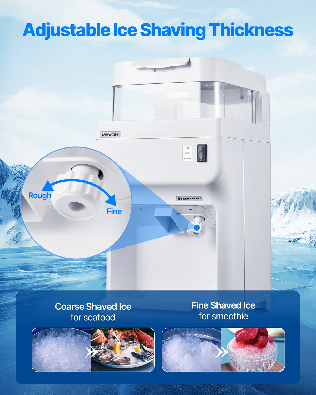 VEVOR Commercial Ice Shaver Crusher, 220lbs Per Hour Electric Snow Cone Maker with 8L Ice Cube Box, 350W 1500RPM Tabletop Shaved Ice Machine for Parties Events Bar, Home and Commercial Use (White) - BBJBS350WBDHM86IJ001V1 - view 4