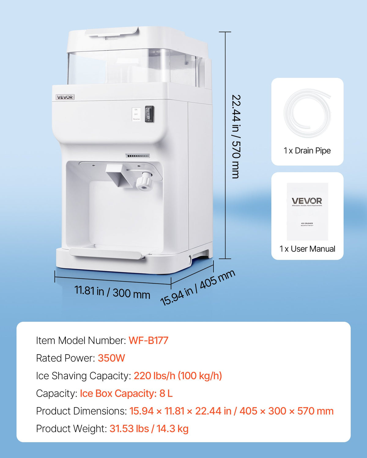 VEVOR Commercial Ice Shaver Crusher, 220lbs Per Hour Electric Snow Cone Maker with 8L Ice Cube Box, 350W 1500RPM Tabletop Shaved Ice Machine for Parties Events Bar, Home and Commercial Use (White) - BBJBS350WBDHM86IJ001V1 - view 8