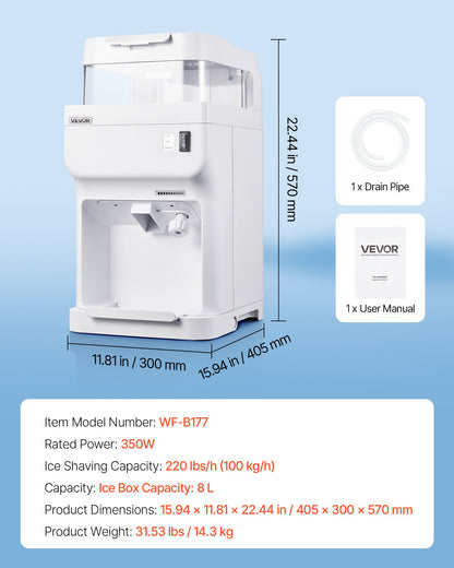 VEVOR Commercial Ice Shaver Crusher, 220lbs Per Hour Electric Snow Cone Maker with 8L Ice Cube Box, 350W 1500RPM Tabletop Shaved Ice Machine for Parties Events Bar, Home and Commercial Use (White) - BBJBS350WBDHM86IJ001V1 - view 8