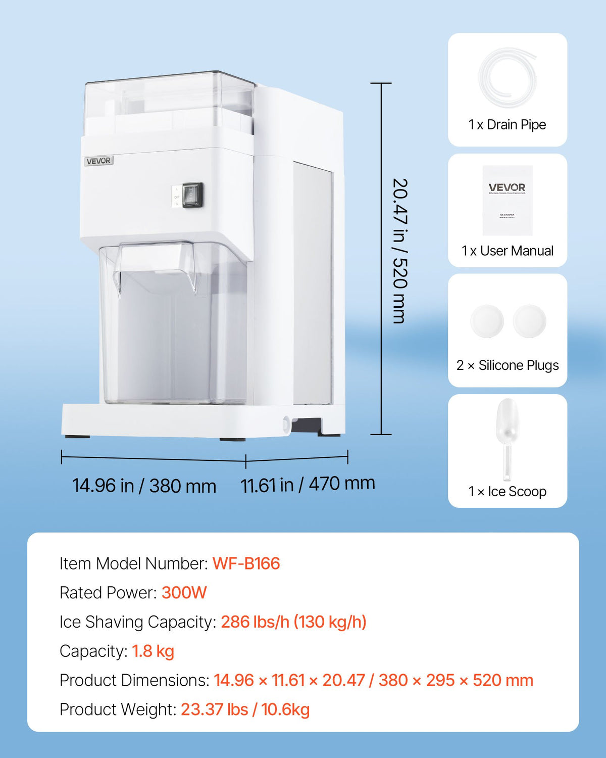 VEVOR Commercial Ice Shaver Machine, 1.91QT /1.8L Large Electric Ice Cube Crusher Shaved Maker with 300W Premium Motor, Stainless Steel Blades, for Bar Mixing Seafood Preservation Home Party, White - BBJBS5L400WDAP48J001V1 - view 8