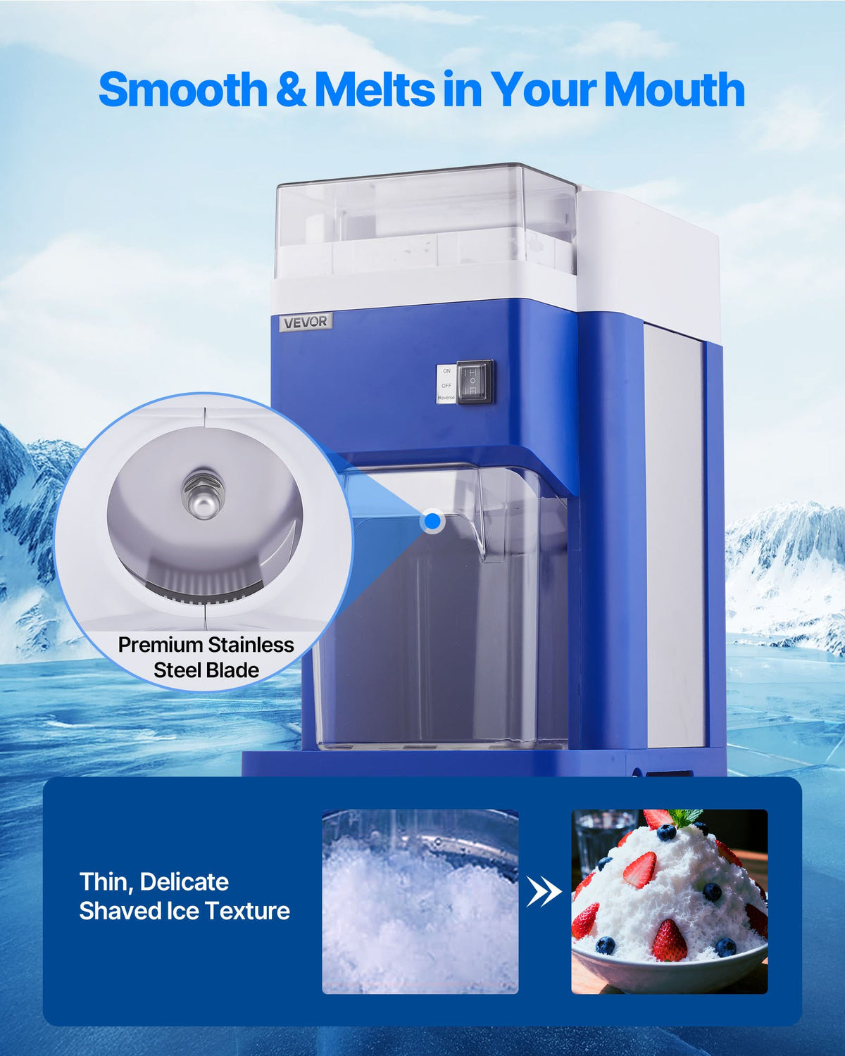VEVOR Commercial Ice Shaver Machine, 1.91QT /1.8L Large Electric Snow Cone Machine, Fine & Fluffy with 300W Motor, Stainless Steel Blades, Shaved Ice Maker for Dessert Shop Home Party Restaurant, Blue - BBJLB18L400WY0VEZ001V1 - view 4