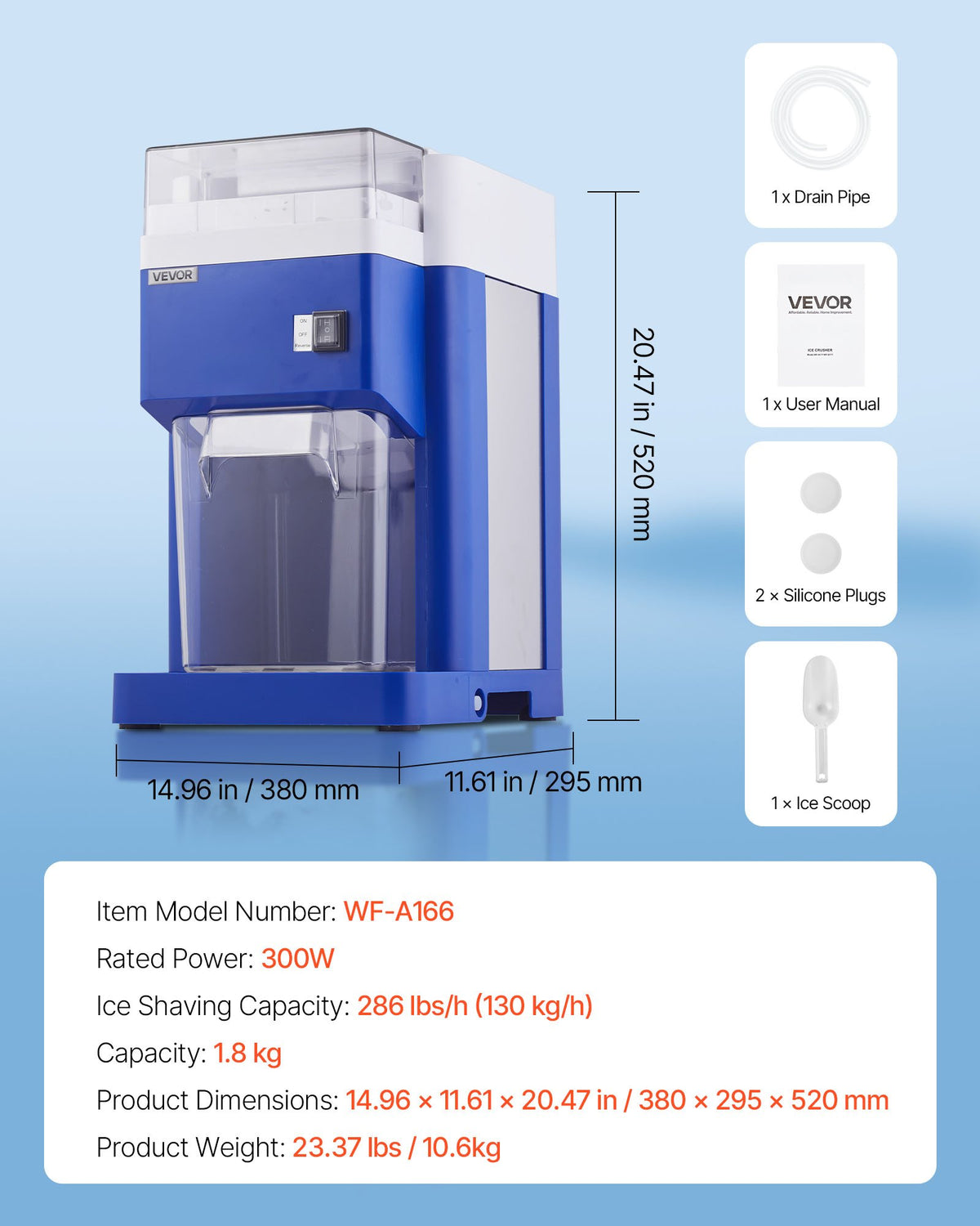 VEVOR Commercial Ice Shaver Machine, 1.91QT /1.8L Large Electric Snow Cone Machine, Fine & Fluffy with 300W Motor, Stainless Steel Blades, Shaved Ice Maker for Dessert Shop Home Party Restaurant, Blue - BBJLB18L400WY0VEZ001V1 - view 8