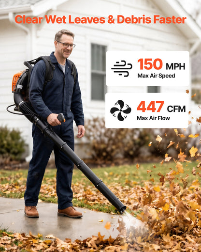 VEVOR Backpack Leaf Blower, 43CC 2-Stroke Engine Gas Powered Leaf Blower with 1.38L Fuel Tank, 447 CFM Air Volume, 150 MPH Air Speed, Ideal for Lawn Care, Leaves Cleaning, Yard Debris & Snow Removal - BBSRYCYJ43CCL8PTI001V0 - view 4