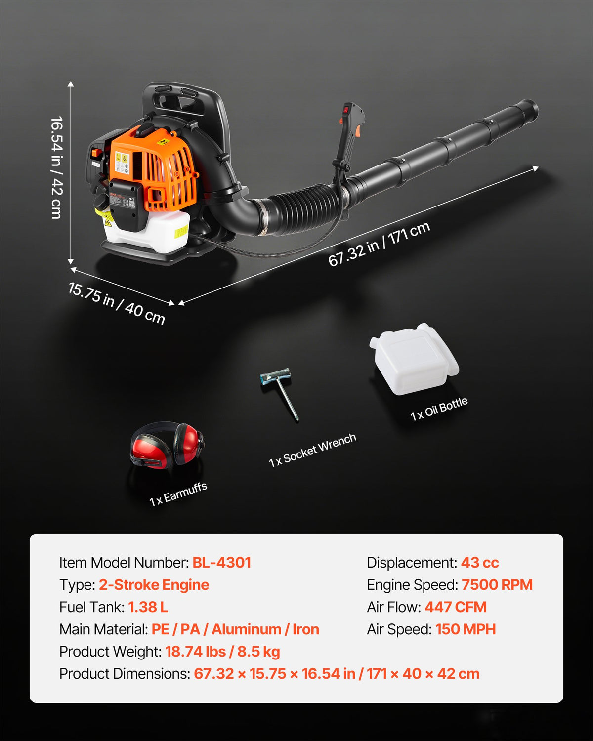 VEVOR Backpack Leaf Blower, 43CC 2-Stroke Engine Gas Powered Leaf Blower with 1.38L Fuel Tank, 447 CFM Air Volume, 150 MPH Air Speed, Ideal for Lawn Care, Leaves Cleaning, Yard Debris & Snow Removal - BBSRYCYJ43CCL8PTI001V0 - view 7