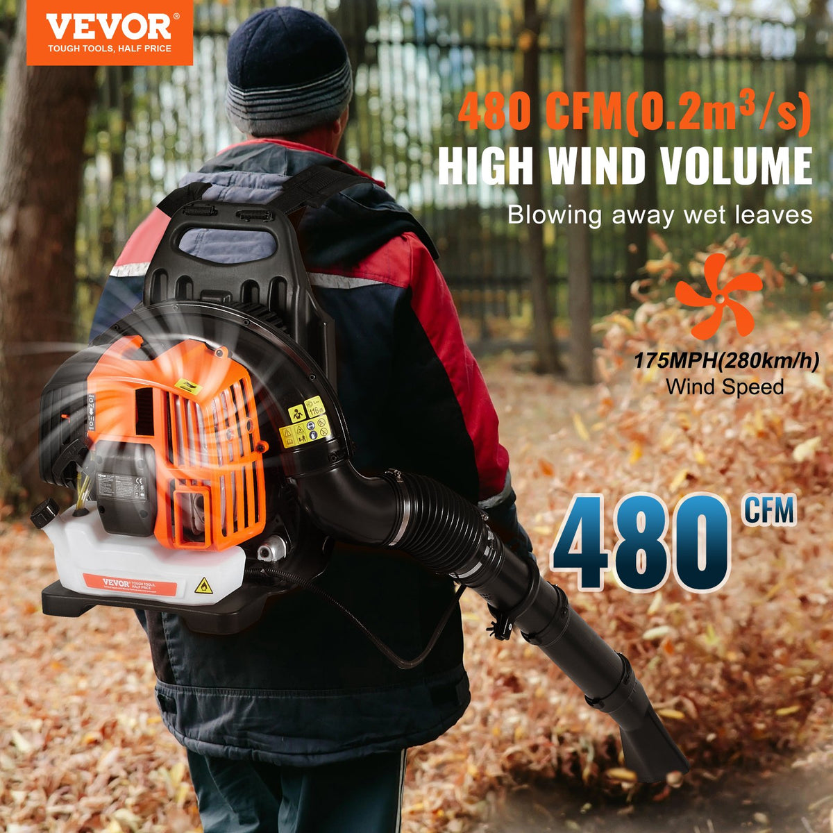 VEVOR Backpack Leaf Blower, 52CC 2-Cycle Leaf Blower with 1.37L Fuel Tank, 480CFM Air Volume 175MPH Speed, Ideal for Lawn Care, Leaf Cleaning, and Snow Removal - BBSRYCYJ52CC3SVF9V0 - view 3