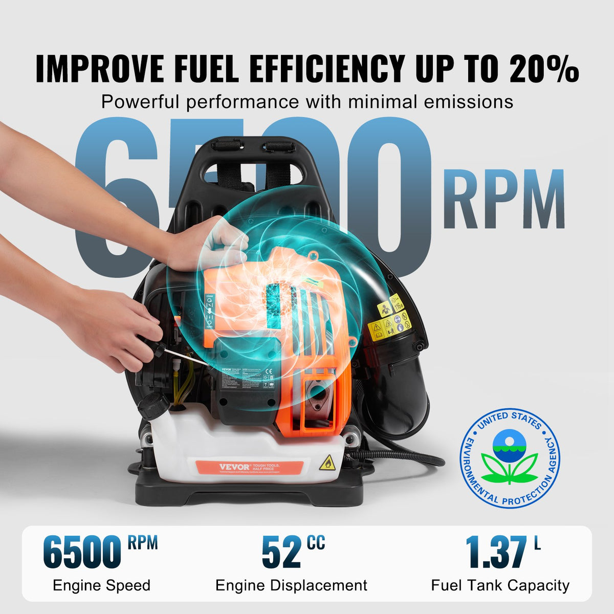 VEVOR Backpack Leaf Blower, 52CC 2-Cycle Leaf Blower with 1.37L Fuel Tank, 480CFM Air Volume 175MPH Speed, Ideal for Lawn Care, Leaf Cleaning, and Snow Removal - BBSRYCYJ52CC3SVF9V0 - view 4