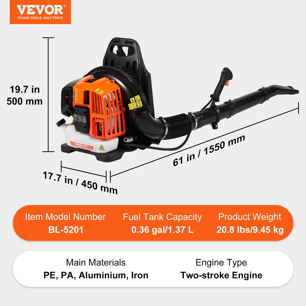 VEVOR Backpack Leaf Blower, 52CC 2-Cycle Leaf Blower with 1.37L Fuel Tank, 480CFM Air Volume 175MPH Speed, Ideal for Lawn Care, Leaf Cleaning, and Snow Removal - BBSRYCYJ52CC3SVF9V0 - view 8