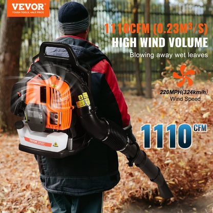 VEVOR Backpack Leaf Blower, 63CC 2-Cycle Gas Leaf Blower with 1.89L Fuel Tank, 1110CFM Air Volume 220MPH Speed, Ideal for Lawn Care, Leaf Cleaning, and Snow Removal - BBSRYCYJ63CCT7396V0 - view 3