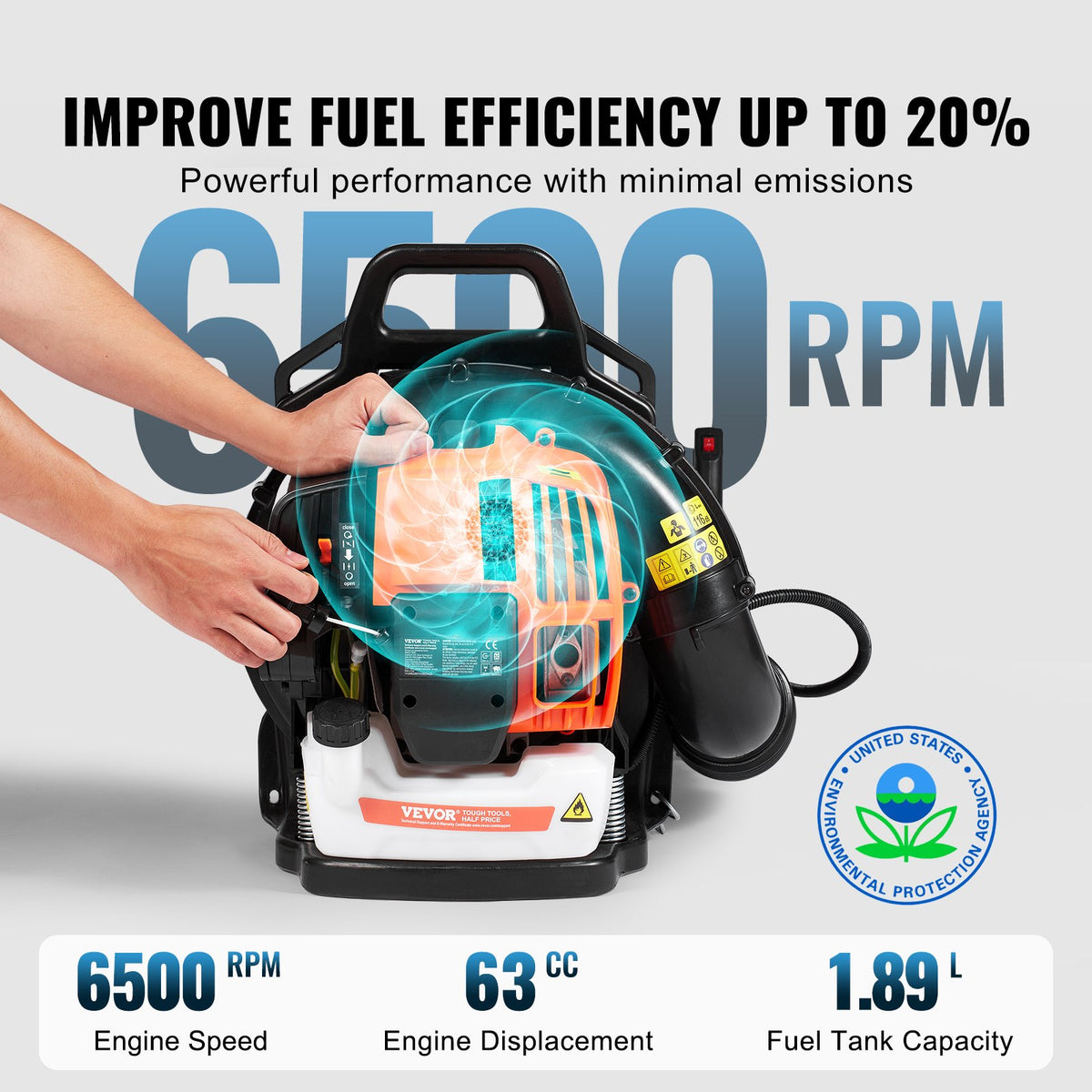 VEVOR Backpack Leaf Blower, 63CC 2-Cycle Gas Leaf Blower with 1.89L Fuel Tank, 1110CFM Air Volume 220MPH Speed, Ideal for Lawn Care, Leaf Cleaning, and Snow Removal - BBSRYCYJ63CCT7396V0 - view 4