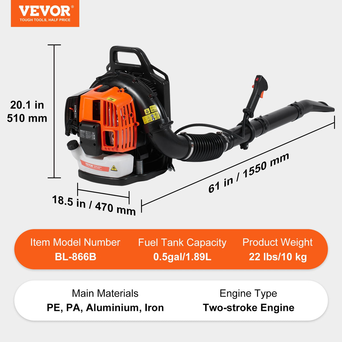 VEVOR Backpack Leaf Blower, 63CC 2-Cycle Gas Leaf Blower with 1.89L Fuel Tank, 1110CFM Air Volume 220MPH Speed, Ideal for Lawn Care, Leaf Cleaning, and Snow Removal - BBSRYCYJ63CCT7396V0 - view 8