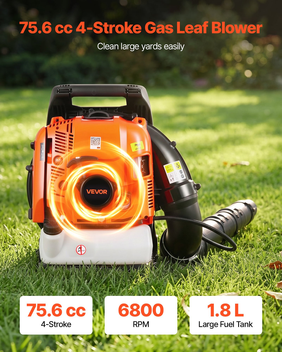 VEVOR Backpack Leaf Blower, 75.6CC 4-Stroke Engine Gas Powered Leaf Blower with 1.8L Fuel Tank, 615 CFM Air Volume, 179 MPH Air Speed, Ideal for Lawn Care, Leaves Cleaning, Yard Debris & Snow Removal - BBSRYCYJ756CV9ZOF001V0 - view 3