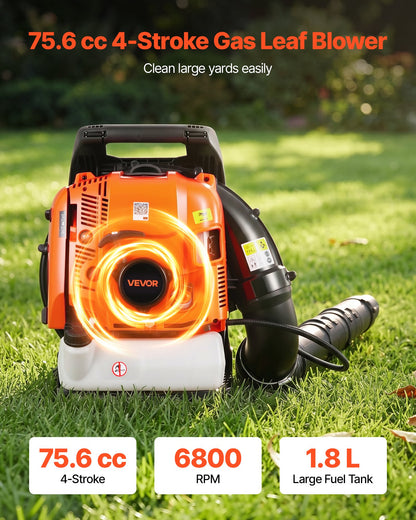 VEVOR Backpack Leaf Blower, 75.6CC 4-Stroke Engine Gas Powered Leaf Blower with 1.8L Fuel Tank, 615 CFM Air Volume, 179 MPH Air Speed, Ideal for Lawn Care, Leaves Cleaning, Yard Debris & Snow Removal - BBSRYCYJ756CV9ZOF001V0 - view 3