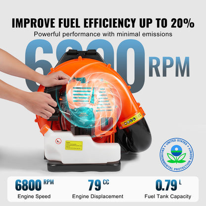 VEVOR Backpack Leaf Blower, 79CC 2-Cycle Gas Leaf Blower with 3L Fuel Tank, 930CFM Air Volume 184MPH Speed, Ideal for Lawn Care, Leaf Cleaning, and Snow Removal - BBSRYCYJ79CCQTKKMV0 - view 4