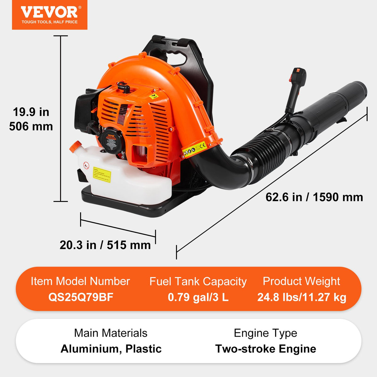 VEVOR Backpack Leaf Blower, 79CC 2-Cycle Gas Leaf Blower with 3L Fuel Tank, 930CFM Air Volume 184MPH Speed, Ideal for Lawn Care, Leaf Cleaning, and Snow Removal - BBSRYCYJ79CCQTKKMV0 - view 8