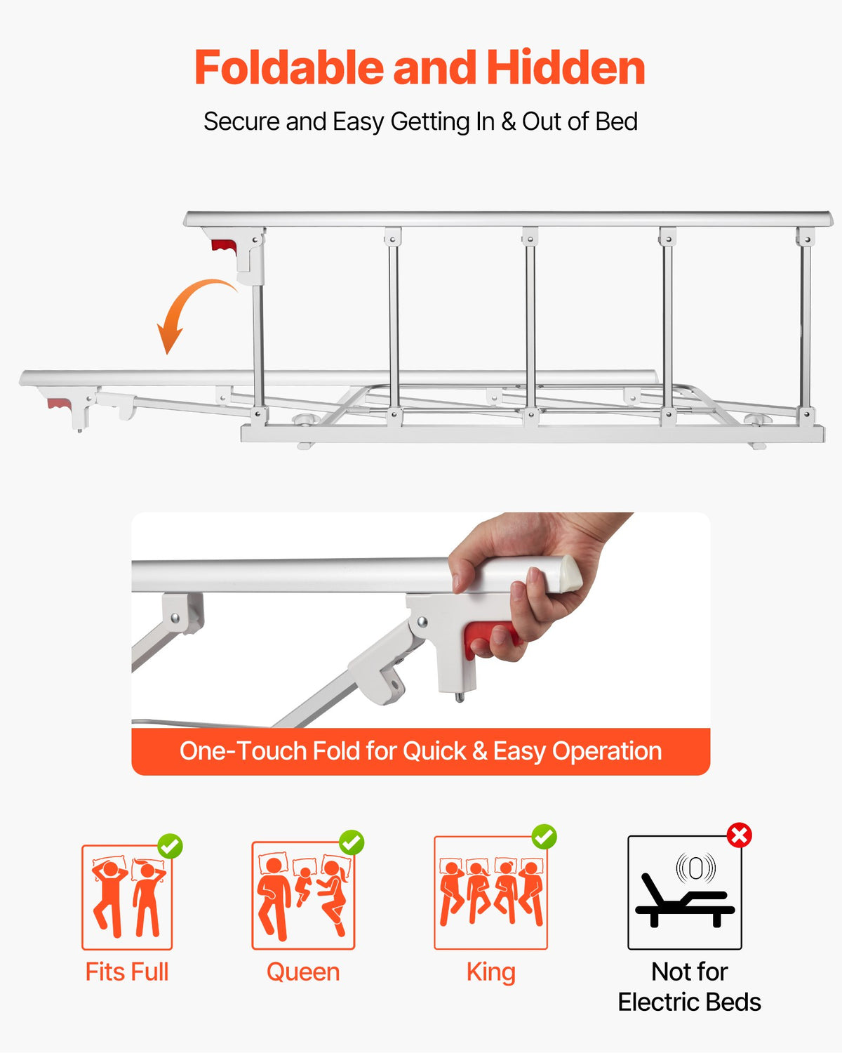 VEVOR Foldable Bed Rail for Elderly, 48 in Bedside Assist Rail with Fixing Strap, Adjustable Height Pipe Bedside Cane, High-Strength Metal Senior Bed Bar, Hand Guard Grab Fits King, Queen, Full, Twin - BCBSBCBSKZD1BAXNX001V0 - view 3