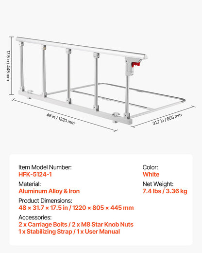 VEVOR Foldable Bed Rail for Elderly, 48 in Bedside Assist Rail with Fixing Strap, Adjustable Height Pipe Bedside Cane, High-Strength Metal Senior Bed Bar, Hand Guard Grab Fits King, Queen, Full, Twin - BCBSBCBSKZD1BAXNX001V0 - view 8