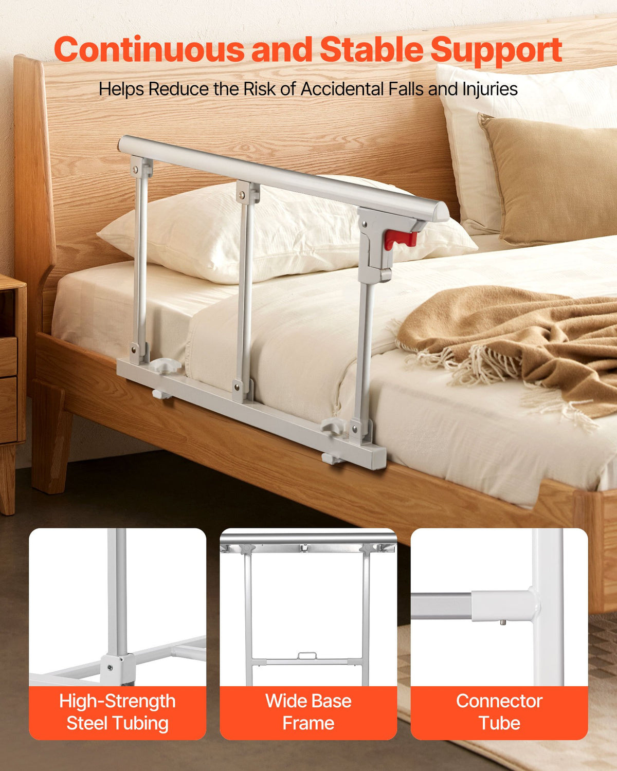VEVOR Foldable Bed Rail for Elderly, 28 in Bedside Assist Rail with Fixing Strap, Adjustable Height Pipe Bedside Cane, High-Strength Metal Senior Bed Bar, Hand Guard Grab Fits King, Queen, Full, Twin - BCBSBCBSKZD7D6RFJ001V0 - view 4