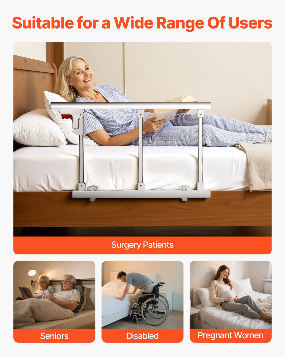 VEVOR Foldable Bed Rail for Elderly, 28 in Bedside Assist Rail with Fixing Strap, Adjustable Height Pipe Bedside Cane, High-Strength Metal Senior Bed Bar, Hand Guard Grab Fits King, Queen, Full, Twin - BCBSBCBSKZD7D6RFJ001V0 - view 7