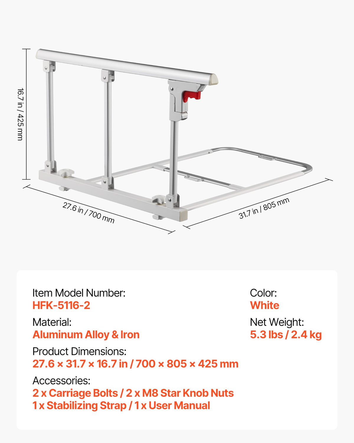 VEVOR Foldable Bed Rail for Elderly, 28 in Bedside Assist Rail with Fixing Strap, Adjustable Height Pipe Bedside Cane, High-Strength Metal Senior Bed Bar, Hand Guard Grab Fits King, Queen, Full, Twin - BCBSBCBSKZD7D6RFJ001V0 - view 8