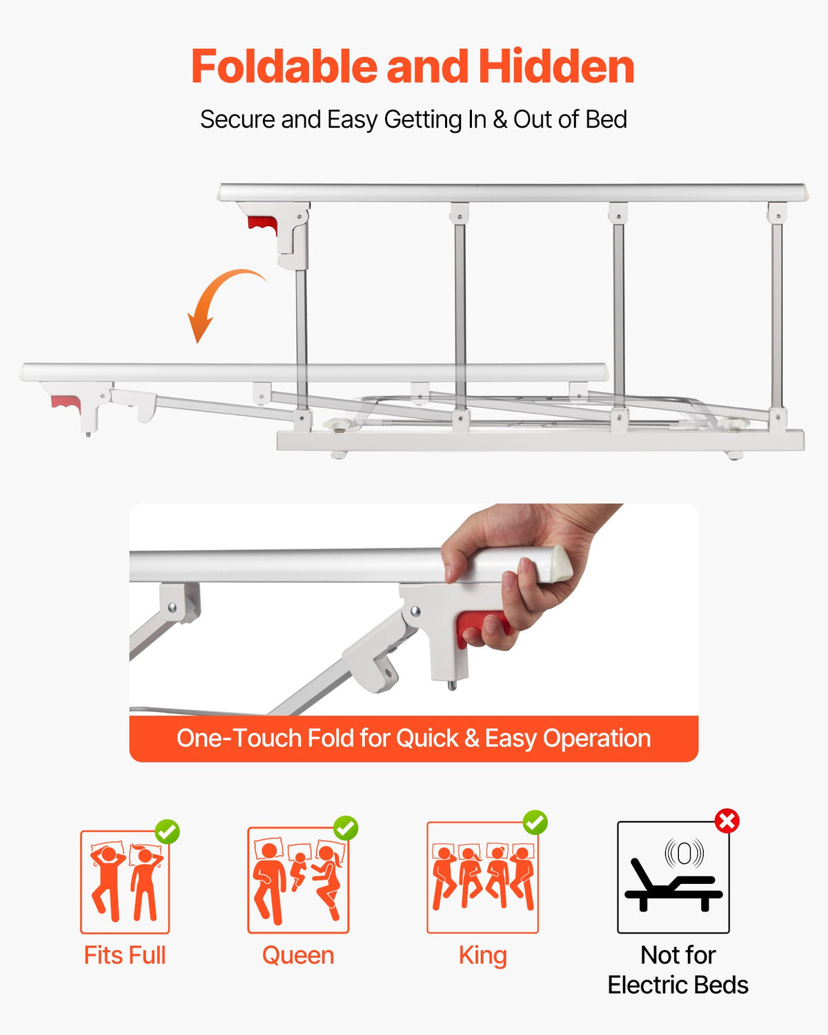 VEVOR Foldable Bed Rail for Elderly, 38 in Bedside Assist Rail with Fixing Strap, Adjustable Height Pipe Bedside Cane, High-Strength Metal Senior Bed Bar, Hand Guard Grab Fits King, Queen, Full, Twin - BCBSBCBSKZD99XB73001V0 - view 3