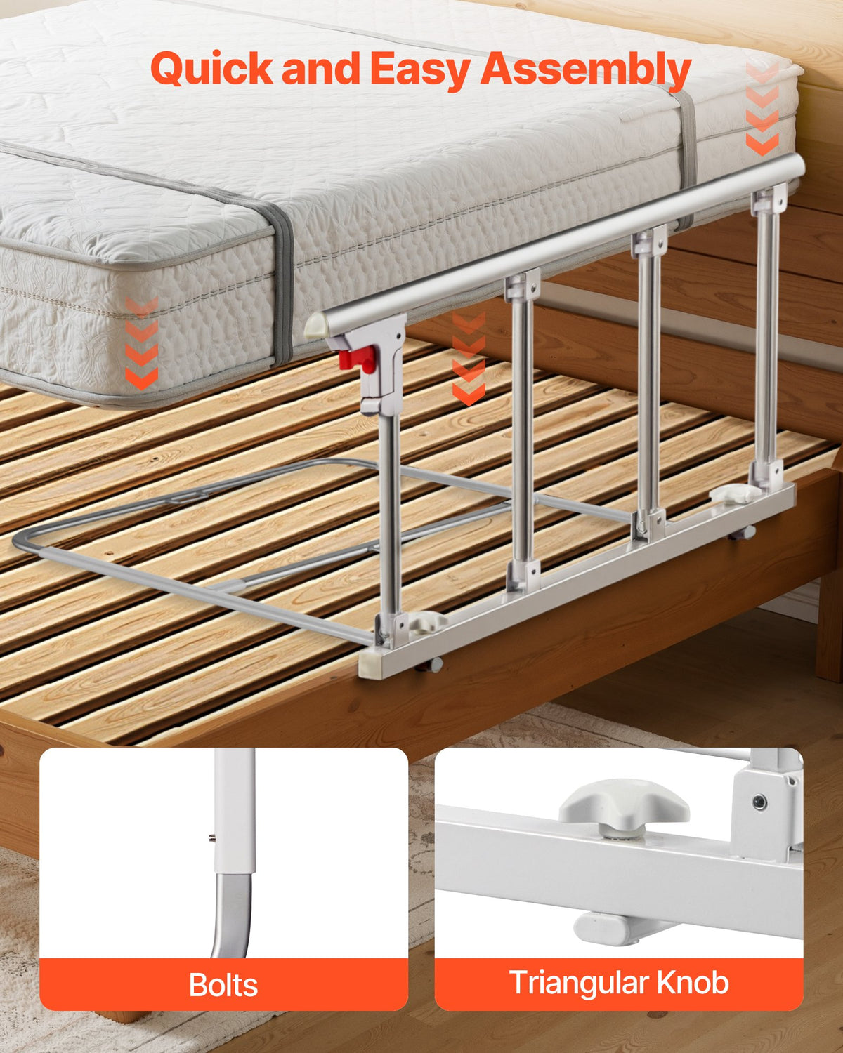 VEVOR Foldable Bed Rail for Elderly, 38 in Bedside Assist Rail with Fixing Strap, Adjustable Height Pipe Bedside Cane, High-Strength Metal Senior Bed Bar, Hand Guard Grab Fits King, Queen, Full, Twin - BCBSBCBSKZD99XB73001V0 - view 6