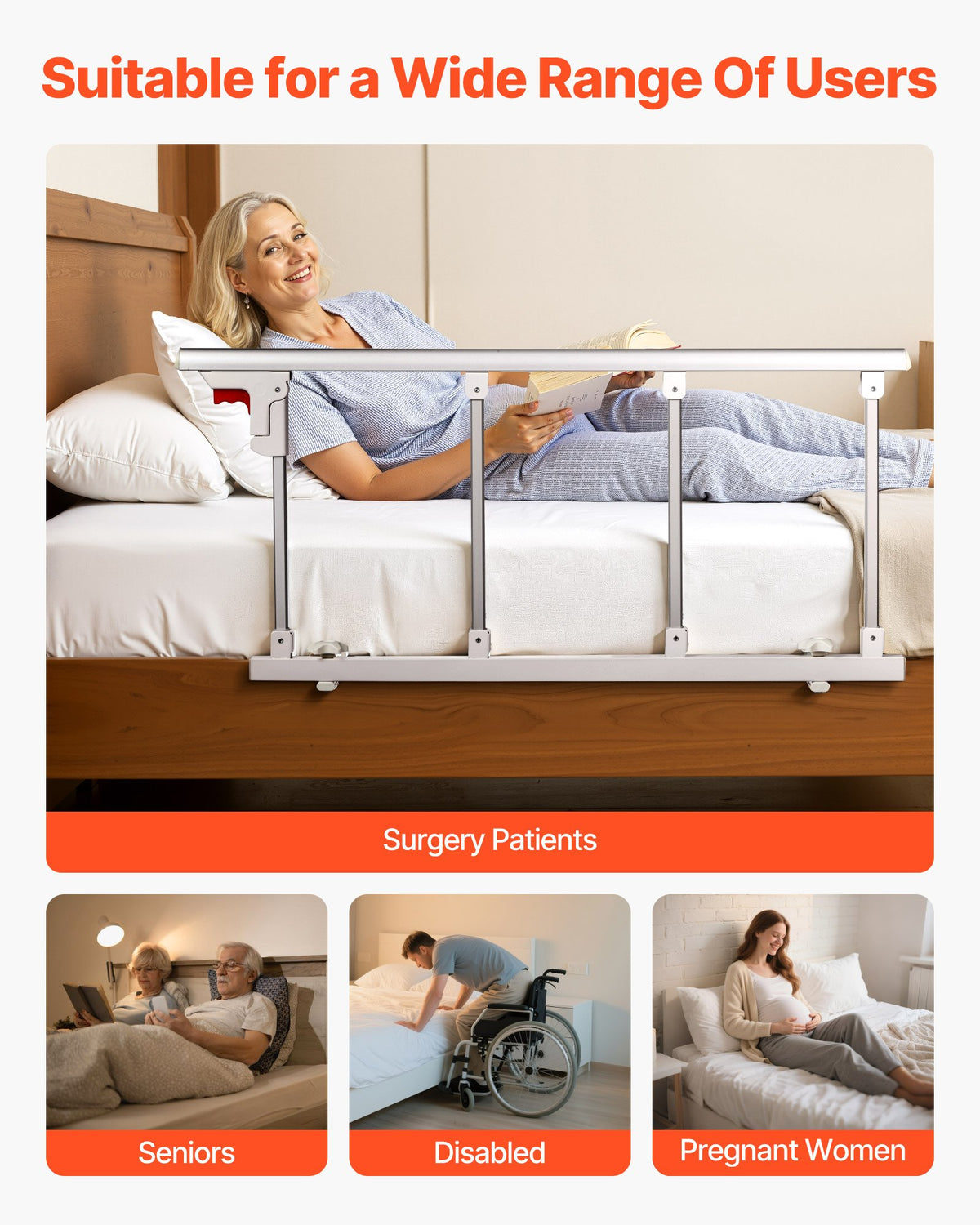 VEVOR Foldable Bed Rail for Elderly, 38 in Bedside Assist Rail with Fixing Strap, Adjustable Height Pipe Bedside Cane, High-Strength Metal Senior Bed Bar, Hand Guard Grab Fits King, Queen, Full, Twin - BCBSBCBSKZD99XB73001V0 - view 7