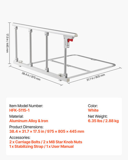 VEVOR Foldable Bed Rail for Elderly, 38 in Bedside Assist Rail with Fixing Strap, Adjustable Height Pipe Bedside Cane, High-Strength Metal Senior Bed Bar, Hand Guard Grab Fits King, Queen, Full, Twin - BCBSBCBSKZD99XB73001V0 - view 8