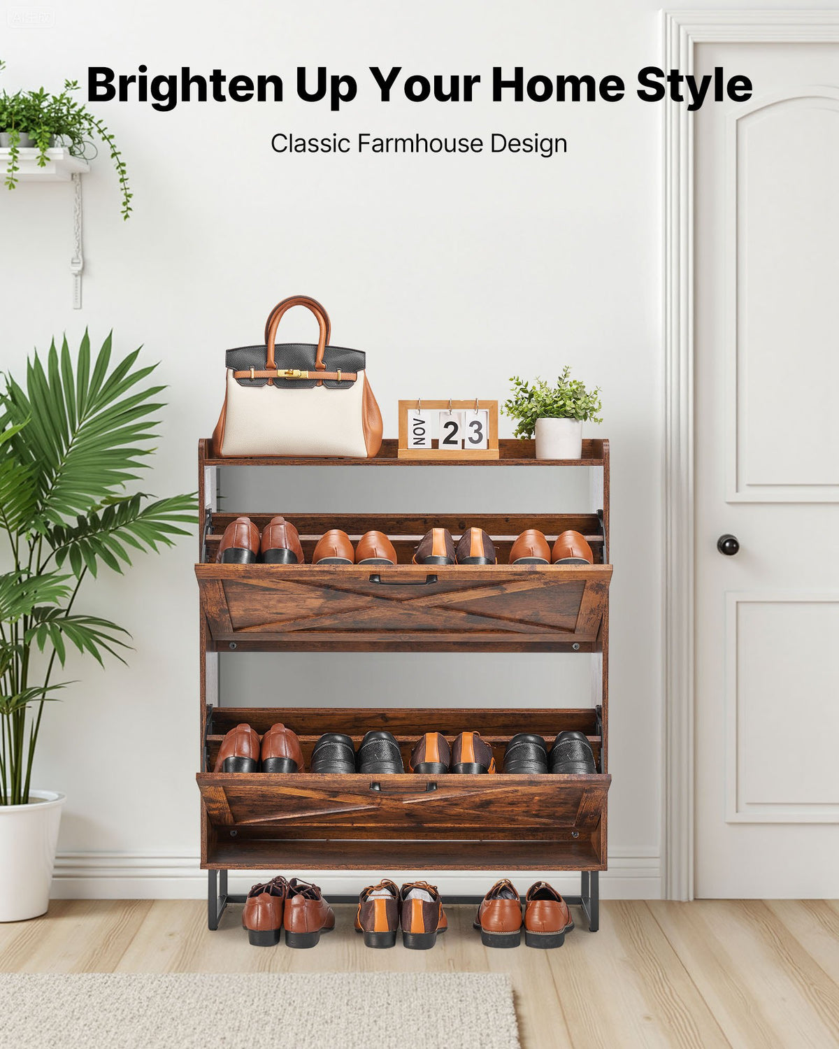VEVOR Shoe Cabinet with 2 Flip Drawers, Farmhouse Shoes Storage Cabinet with Metal Legs and Anti-Tipping Device, Freestanding Shoe Organizer Ideal for Entryway, Hallway, Bedroom, Living Room, Brown - BCGBMJQTCZXJ4EK0M001V0 - view 3