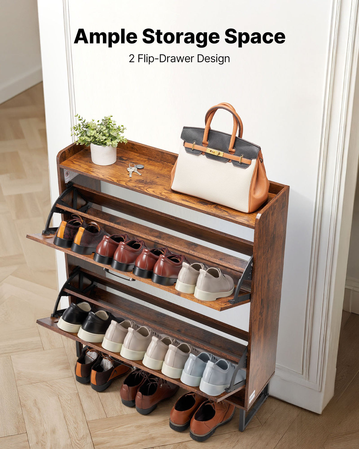 VEVOR Shoe Cabinet with 2 Flip Drawers, Farmhouse Shoes Storage Cabinet with Metal Legs and Anti-Tipping Device, Freestanding Shoe Organizer Ideal for Entryway, Hallway, Bedroom, Living Room, Brown - BCGBMJQTCZXJ4EK0M001V0 - view 4