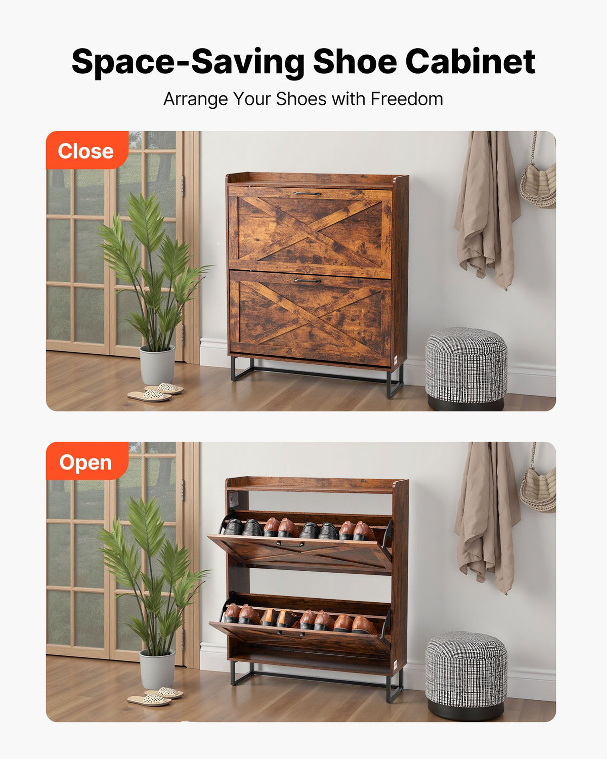 VEVOR Shoe Cabinet with 2 Flip Drawers, Farmhouse Shoes Storage Cabinet with Metal Legs and Anti-Tipping Device, Freestanding Shoe Organizer Ideal for Entryway, Hallway, Bedroom, Living Room, Brown - BCGBMJQTCZXJ4EK0M001V0 - view 5