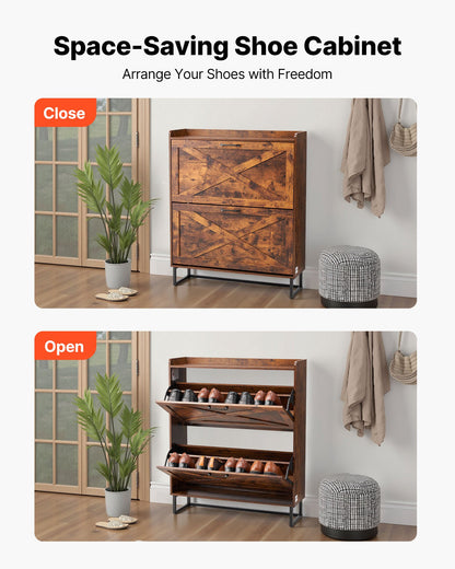 VEVOR Shoe Cabinet with 2 Flip Drawers, Farmhouse Shoes Storage Cabinet with Metal Legs and Anti-Tipping Device, Freestanding Shoe Organizer Ideal for Entryway, Hallway, Bedroom, Living Room, Brown - BCGBMJQTCZXJ4EK0M001V0 - view 5
