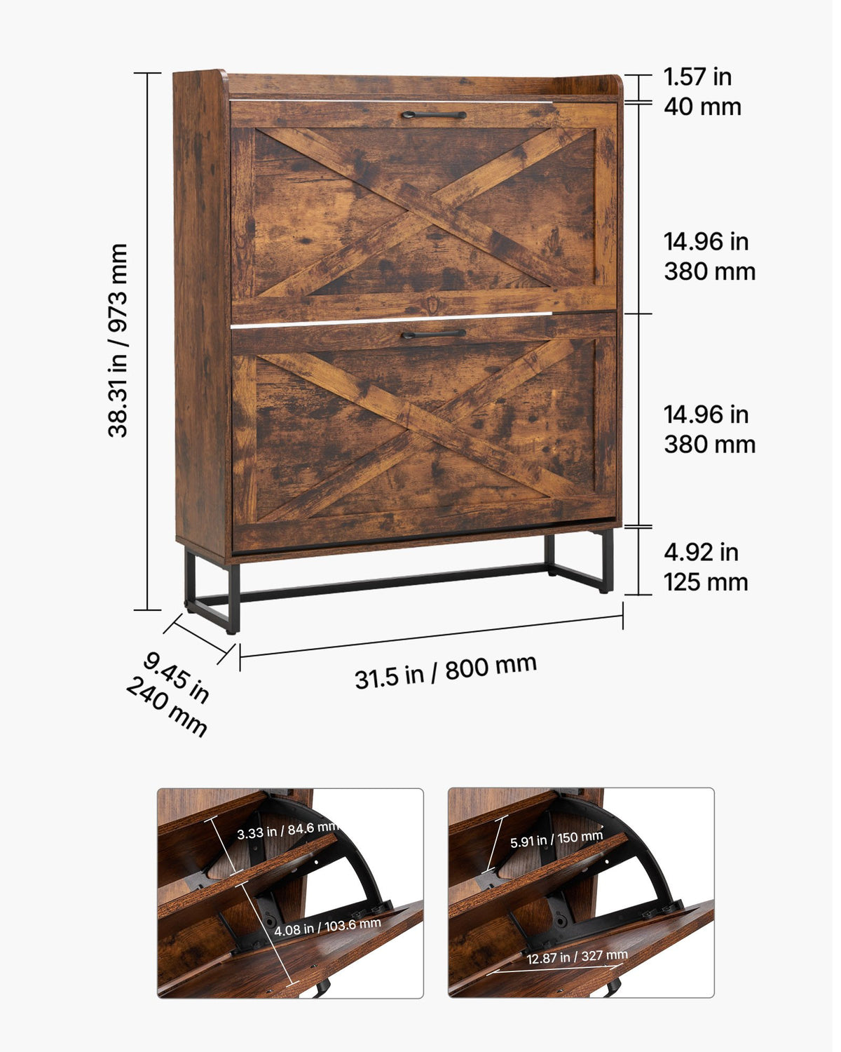VEVOR Shoe Cabinet with 2 Flip Drawers, Farmhouse Shoes Storage Cabinet with Metal Legs and Anti-Tipping Device, Freestanding Shoe Organizer Ideal for Entryway, Hallway, Bedroom, Living Room, Brown - BCGBMJQTCZXJ4EK0M001V0 - view 8