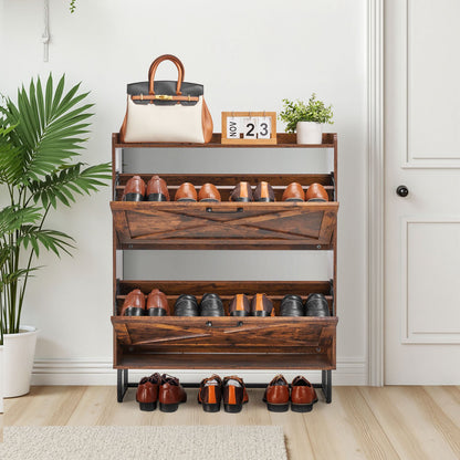 VEVOR Shoe Cabinet with 2 Flip Drawers, Farmhouse Shoes Storage Cabinet with Metal Legs and Anti-Tipping Device, Freestanding Shoe Organizer Ideal for Entryway, Hallway, Bedroom, Living Room, Brown - BCGBMJQTCZXJ4EK0M001V0 - view 9
