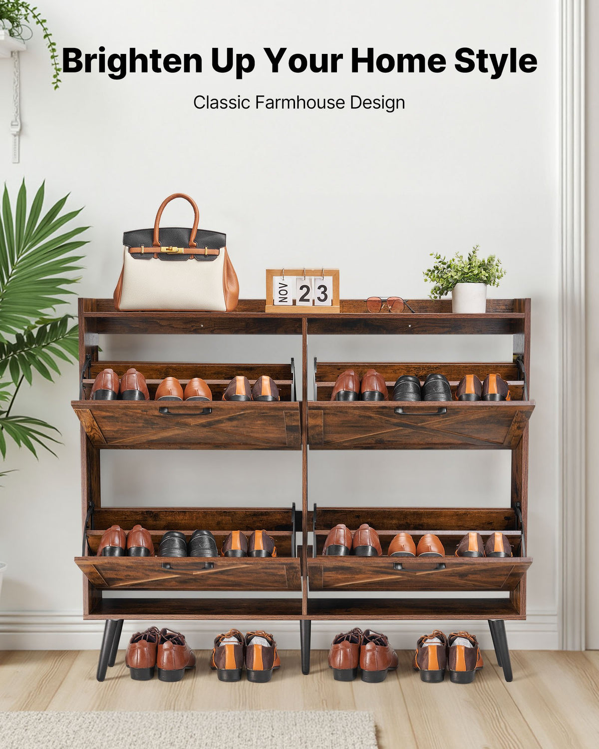 VEVOR Shoe Cabinet with 4 Flip Drawers, Farmhouse Shoes Storage Cabinet with Wood Legs and Anti-Tipping Device, Freestanding Shoe Organizer Ideal for Entryway, Hallway, Bedroom, Living Room, Brown - BCGBMJQTCZXJ60Y3O001V0 - view 3