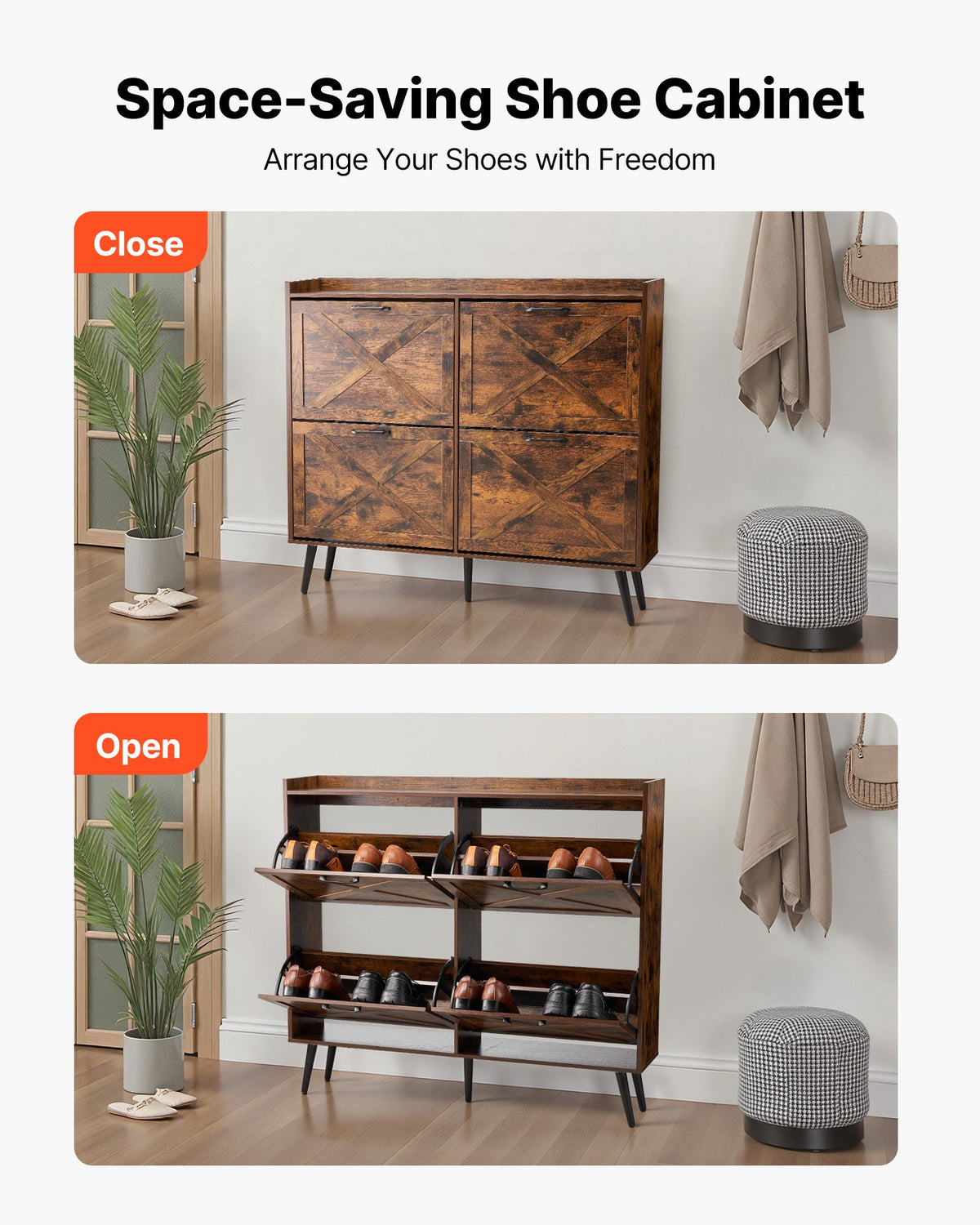 VEVOR Shoe Cabinet with 4 Flip Drawers, Farmhouse Shoes Storage Cabinet with Wood Legs and Anti-Tipping Device, Freestanding Shoe Organizer Ideal for Entryway, Hallway, Bedroom, Living Room, Brown - BCGBMJQTCZXJ60Y3O001V0 - view 5