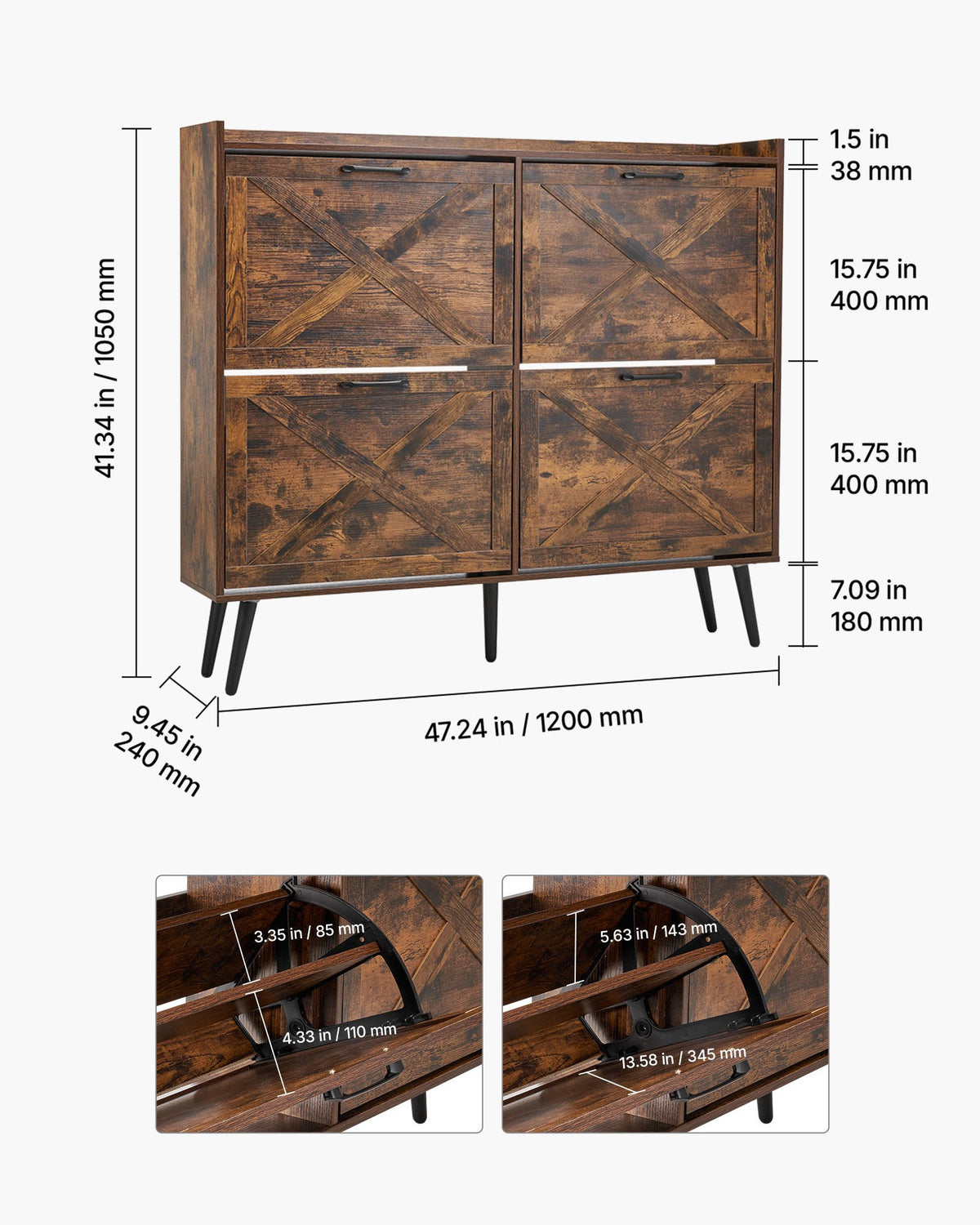 VEVOR Shoe Cabinet with 4 Flip Drawers, Farmhouse Shoes Storage Cabinet with Wood Legs and Anti-Tipping Device, Freestanding Shoe Organizer Ideal for Entryway, Hallway, Bedroom, Living Room, Brown - BCGBMJQTCZXJ60Y3O001V0 - view 8