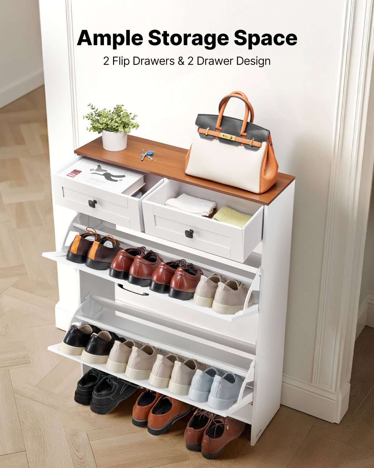 VEVOR Shoe Cabinet with 2 Flip Drawers, Farmhouse Shoes Storage Cabinet with 2 Drawers and Anti-Tipping Device, Freestanding Shoe Organizer Ideal for Entryway, Hallway, Bedroom, Living Room, White - BCGBMJQTCZXJSBCZM001V0 - view 4