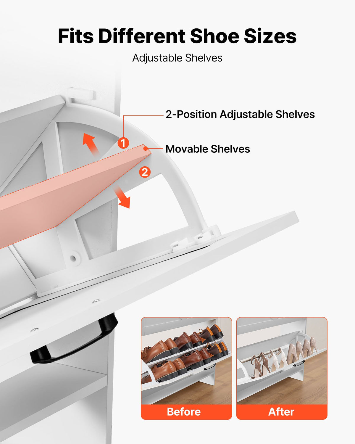 VEVOR Shoe Cabinet with 2 Flip Drawers, Farmhouse Shoes Storage Cabinet with 2 Drawers and Anti-Tipping Device, Freestanding Shoe Organizer Ideal for Entryway, Hallway, Bedroom, Living Room, White - BCGBMJQTCZXJSBCZM001V0 - view 6