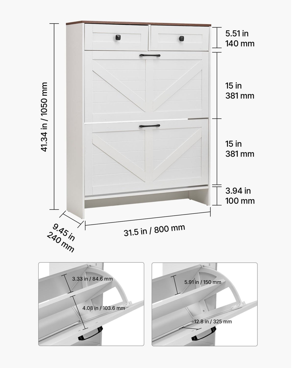 VEVOR Shoe Cabinet with 2 Flip Drawers, Farmhouse Shoes Storage Cabinet with 2 Drawers and Anti-Tipping Device, Freestanding Shoe Organizer Ideal for Entryway, Hallway, Bedroom, Living Room, White - BCGBMJQTCZXJSBCZM001V0 - view 8