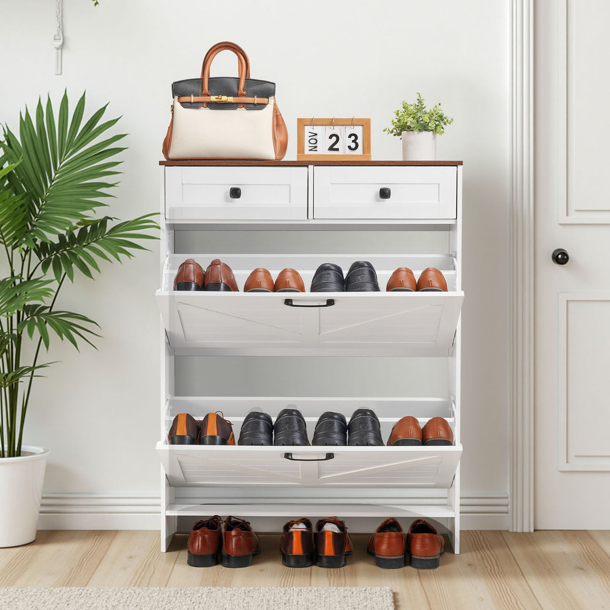 VEVOR Shoe Cabinet with 2 Flip Drawers, Farmhouse Shoes Storage Cabinet with 2 Drawers and Anti-Tipping Device, Freestanding Shoe Organizer Ideal for Entryway, Hallway, Bedroom, Living Room, White - BCGBMJQTCZXJSBCZM001V0 - view 9