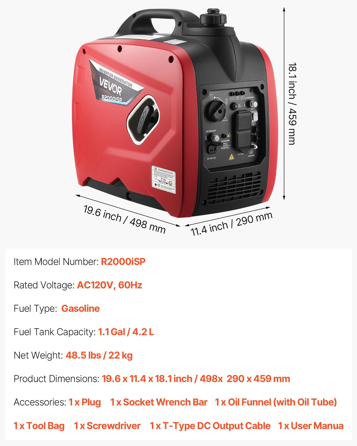 VEVOR Inverter Generator, 2900W Peak Watt Quiet Inverter Generator, Portable Inverters Generators for Home Use, Gas Powered, Compact and Lightweight Design - Stable Power, CO Sensor, Long Run Time - BCGBPFDJJYSD5HQKP001V5 - view 8