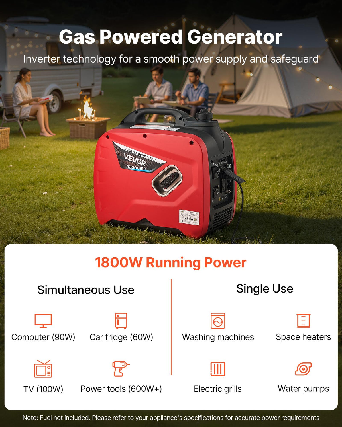 VEVOR Inverter Generator, 2900W Peak Watt Quiet Inverter Generator, Portable Inverters Generators for Home Use, Gas Powered, Compact and Lightweight Design - Stable Power, CO Sensor, Orange/Black - BCGBPFDJJYSD7X2LU001V5 - view 3
