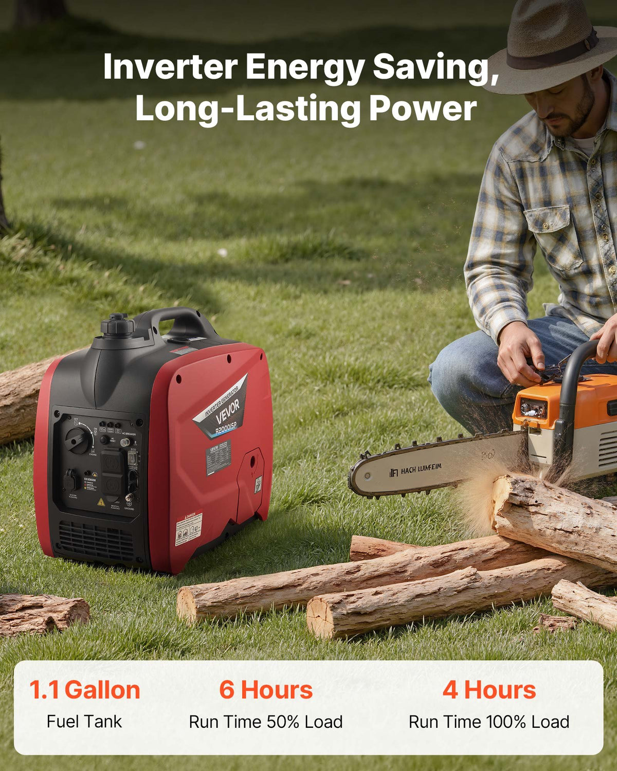 VEVOR Inverter Generator, 2900W Peak Watt Quiet Inverter Generator, Portable Inverters Generators for Home Use, Gas Powered, Compact and Lightweight Design - Stable Power, CO Sensor, Orange/Black - BCGBPFDJJYSD7X2LU001V5 - view 4