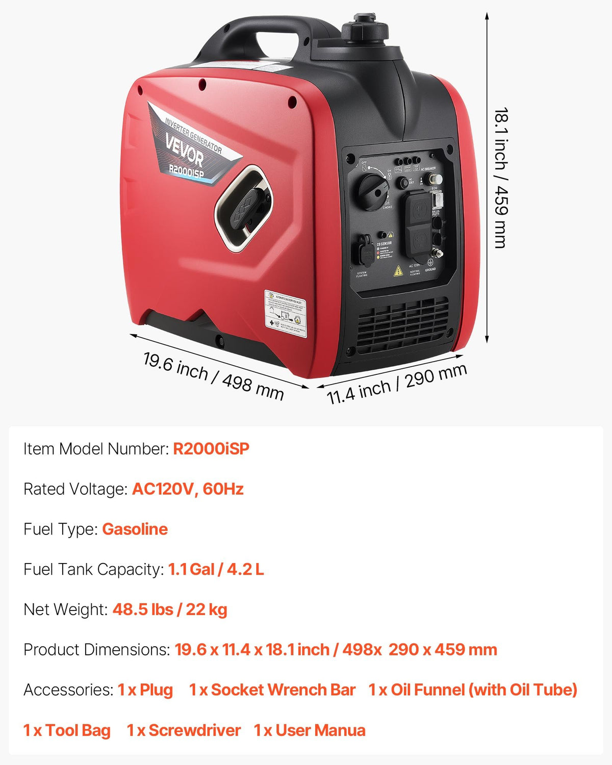 VEVOR Inverter Generator, 2900W Peak Watt Quiet Inverter Generator, Portable Inverters Generators for Home Use, Gas Powered, Compact and Lightweight Design - Stable Power, CO Sensor, Orange/Black - BCGBPFDJJYSD7X2LU001V5 - view 8