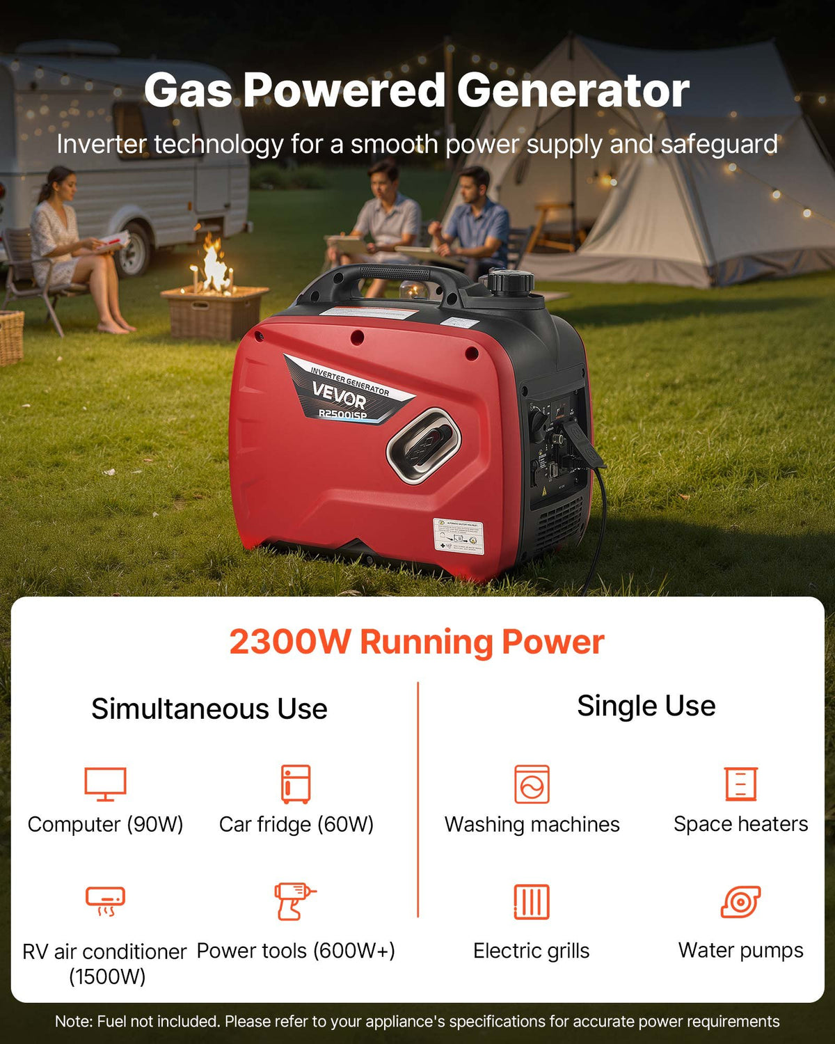 VEVOR Inverter Generator, 2300W Rated Power Quiet Inverter Generator, Portable Inverters Generators for Home Use, Gas Powered, Compact and Lightweight Design - Stable Power, CO Sensor, Long Run Time - BCGBPFDJJYSDE1SV9001V5 - view 3