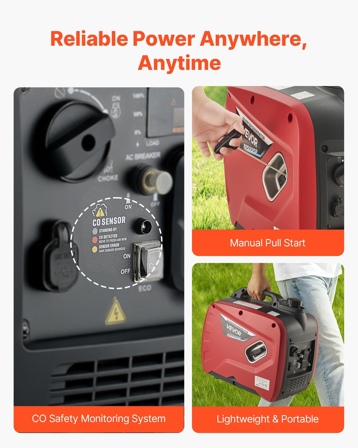VEVOR Inverter Generator, 2300W Rated Power Quiet Inverter Generator, Portable Inverters Generators for Home Use, Gas Powered, Compact and Lightweight Design - Stable Power, CO Sensor, Long Run Time - BCGBPFDJJYSDE1SV9001V5 - view 7