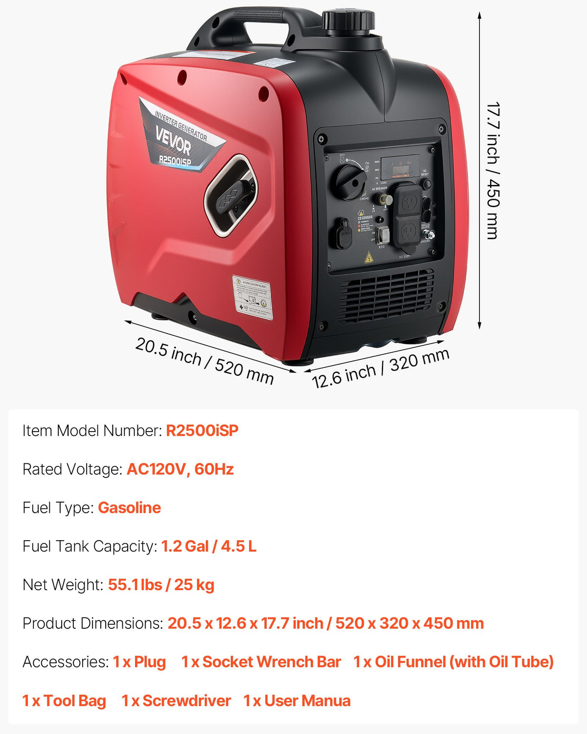 VEVOR Inverter Generator, 2300W Rated Power Quiet Inverter Generator, Portable Inverters Generators for Home Use, Gas Powered, Compact and Lightweight Design - Stable Power, CO Sensor, Long Run Time - BCGBPFDJJYSDE1SV9001V5 - view 8