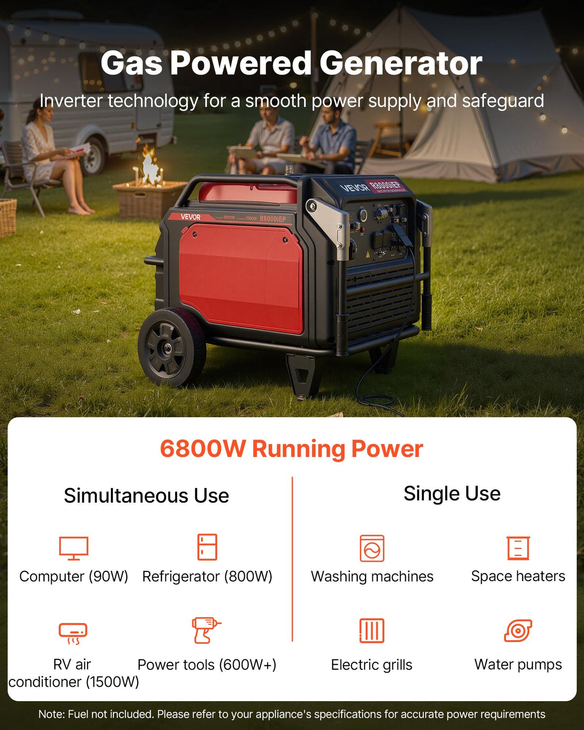 VEVOR Inverter Generator, 10KW Peak Watt Inverter Generator, Remote Start Inverters Generators for Home Outdoor, Gas Powered, Stable Power, CO Sensor, RV Ready 1A & 2.1A Outlet (6.8KW Operating Power) - BCGBPFDJJYSDO10UZ001V5 - view 3