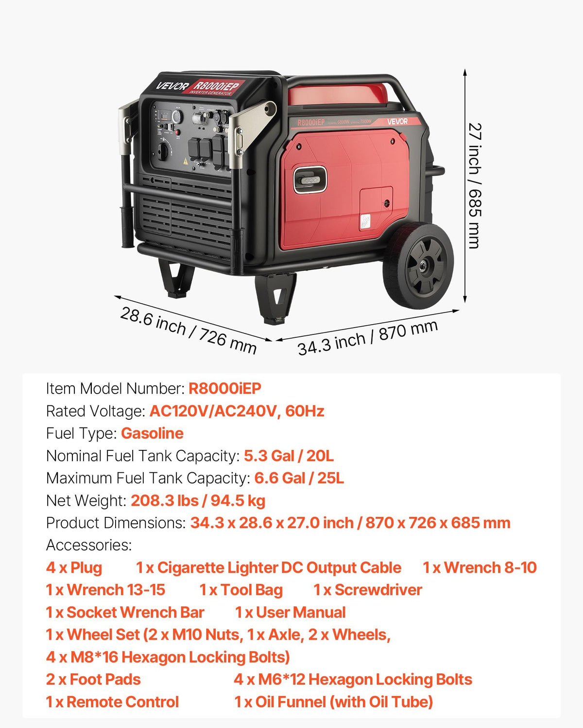 VEVOR Inverter Generator, 10KW Peak Watt Inverter Generator, Remote Start Inverters Generators for Home Outdoor, Gas Powered, Stable Power, CO Sensor, RV Ready 1A & 2.1A Outlet (6.8KW Operating Power) - BCGBPFDJJYSDO10UZ001V5 - view 8