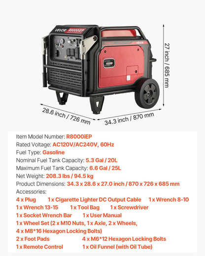 VEVOR Inverter Generator, 10KW Peak Watt Inverter Generator, Remote Start Inverters Generators for Home Outdoor, Gas Powered, Stable Power, CO Sensor, RV Ready 1A & 2.1A Outlet (6.8KW Operating Power) - BCGBPFDJJYSDO10UZ001V5 - view 8